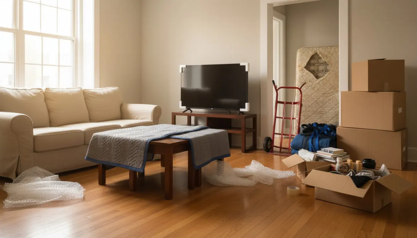 Dagligstue under flytning med en trepersoners sofa, to sofaborde, tv, fire flyttekasser og en madras sat til skrald.