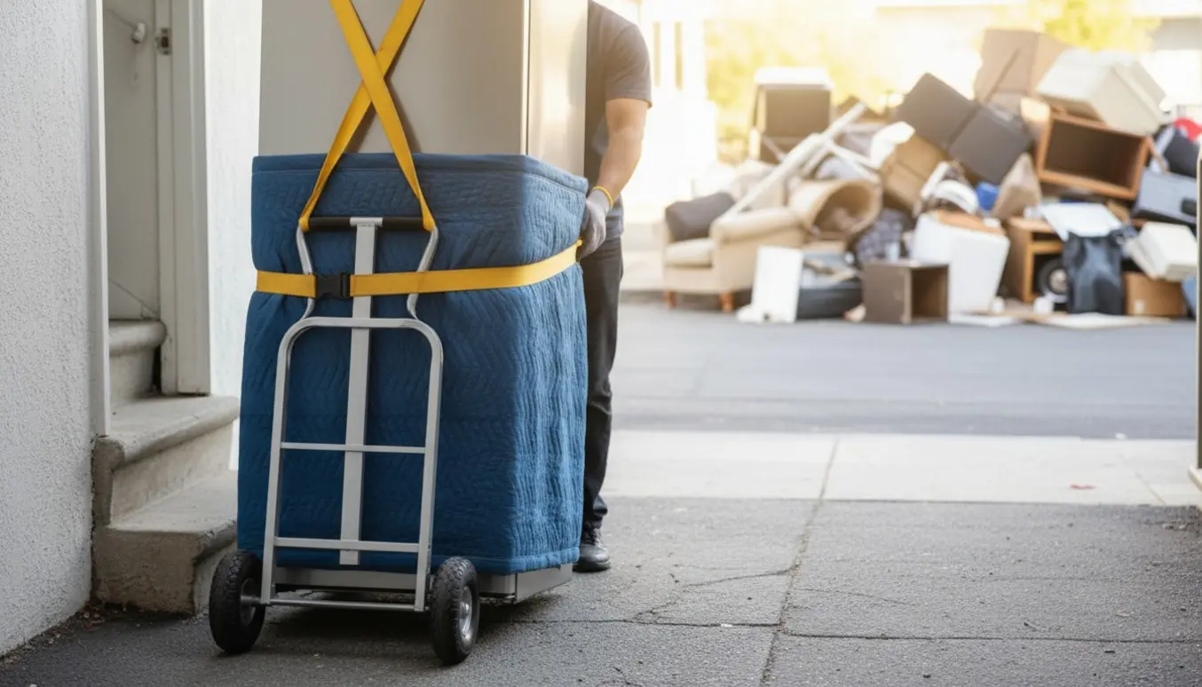 To personer bærer et køleskab fra en opgang ud på fortovet mod storskrald.