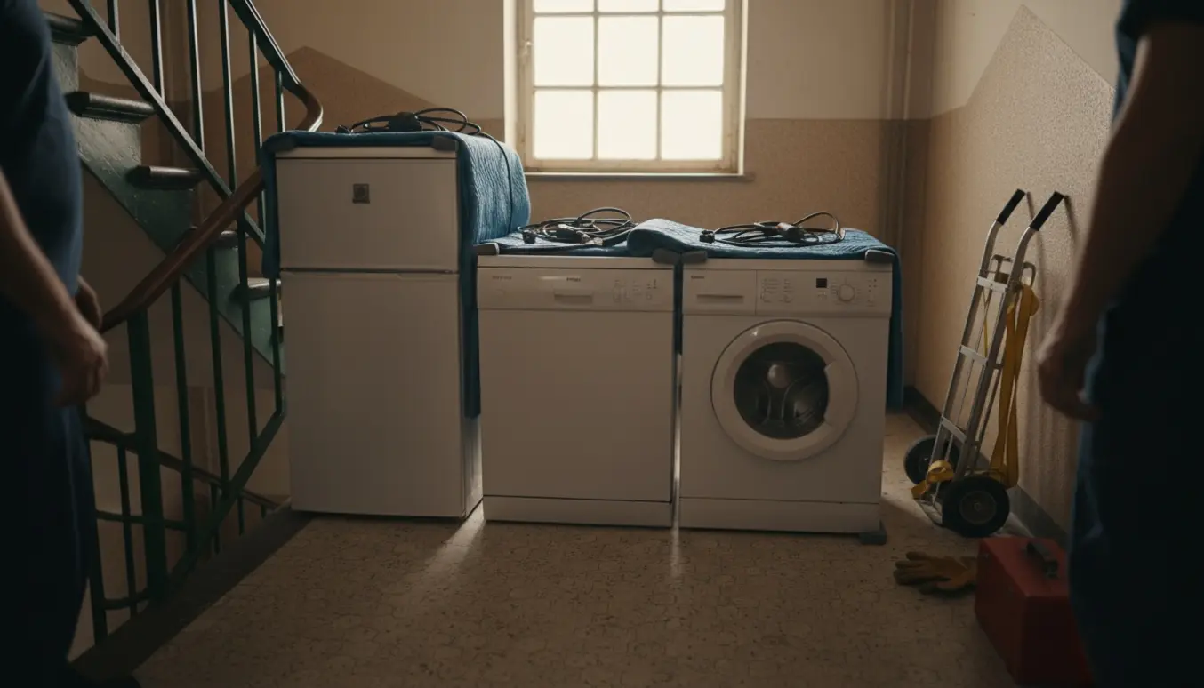 Køleskab, opvaskemaskine og vaskemaskine på trappeopgangens repos klar til afhentning med flyttedolly.