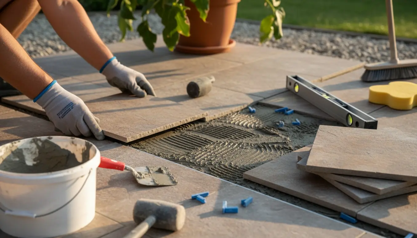 Hænder lægger stenfliser på en terrasse med mørtel og værktøj omkring.