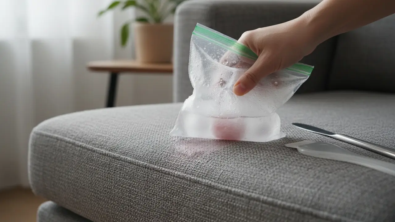 Hånd holder isterning i plastpose mod tyggegummi på sofa med smørkniv ved siden af