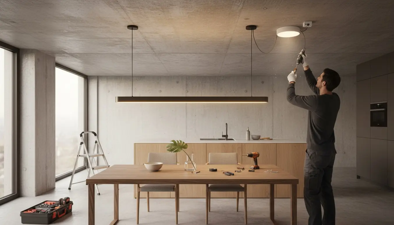 Installatør monterer to loftslamper i et råt betonloft over spisebordet og køkkenøen, med værktøj og ledninger synlige.