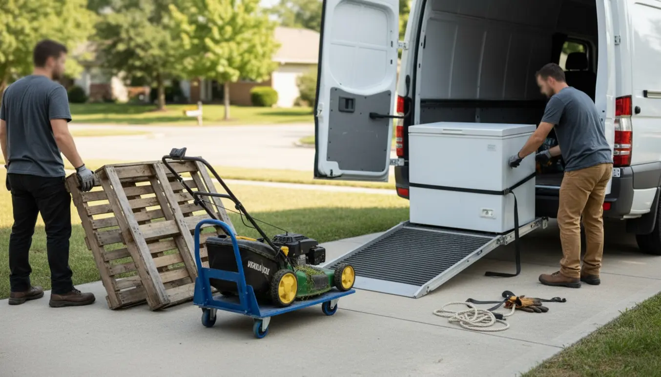 Kummefryser, plæneklipper og to paller læsses i en varebil på en indkørsel.