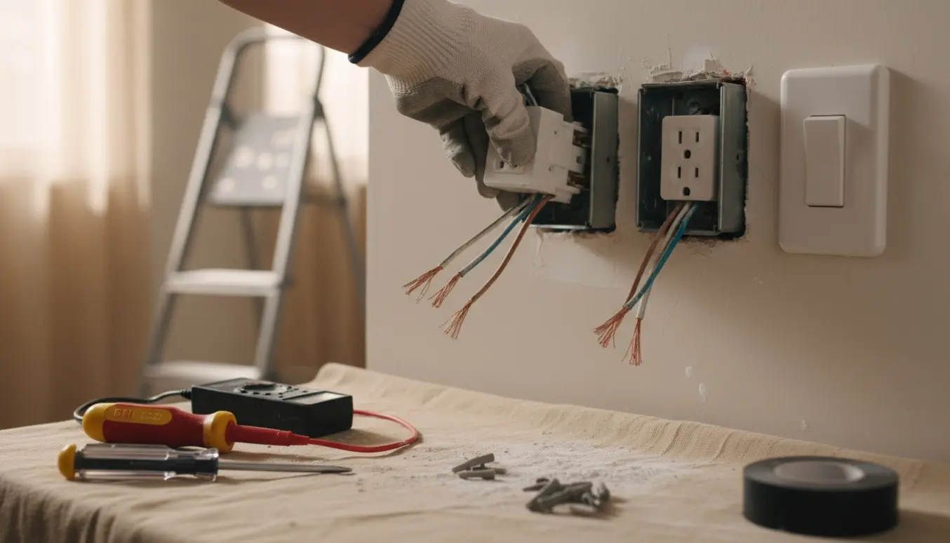Handskeklædte hænder monterer en stikkontakt og afbryder med blottede ledninger og værktøj.