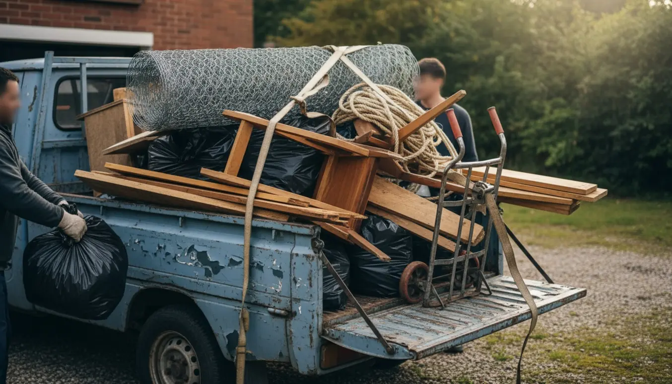 Ladvogn læsset med affald og en rulle hønsenet på en indkørsel mens arbejdshænder læsser poser.