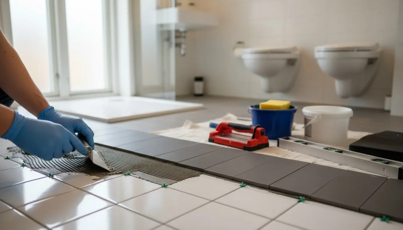 Et lille københavnsk badeværelse hvor nye klinker lægges ovenpå eksisterende fliser, med værktøj og materialer i forgrunden.