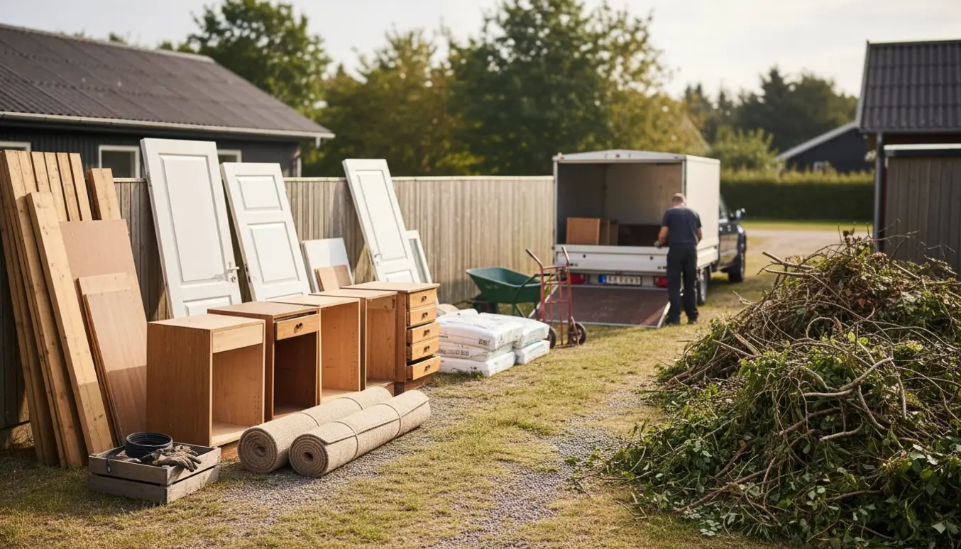Bunker med træ, døre, køkkenmoduler, gulvtæpper og haveaffald ved et sommerhus klar til afhentning.