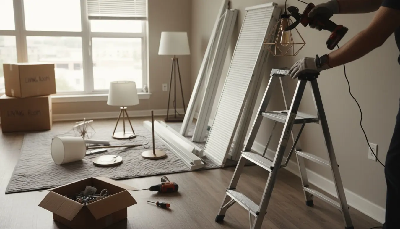 Hænder tager en loftslampe ned fra en stige med nedtagne persienner og flyttekasser i baggrunden.