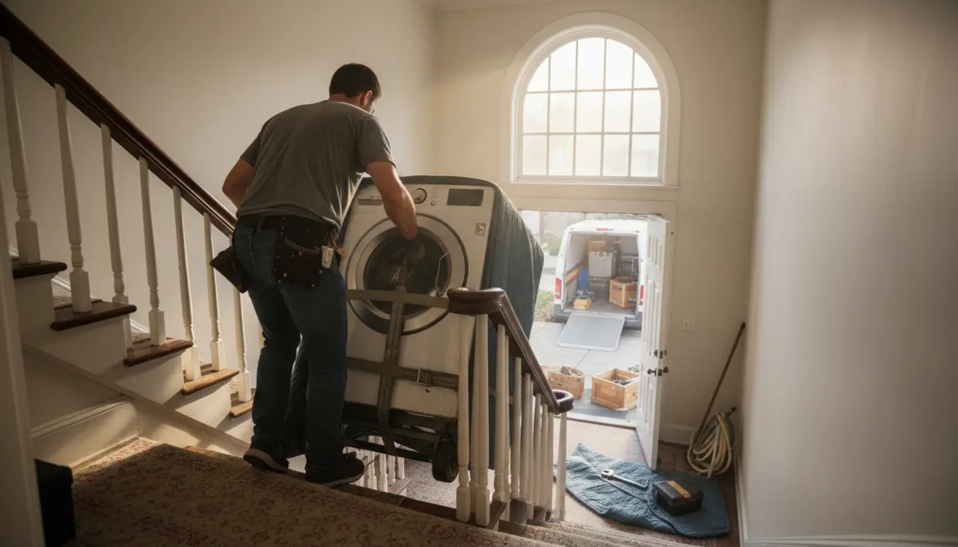 To flyttemænd bærer en gammel vaskemaskine ned ad en smal opgangstrappe mod en ventende varevogn.