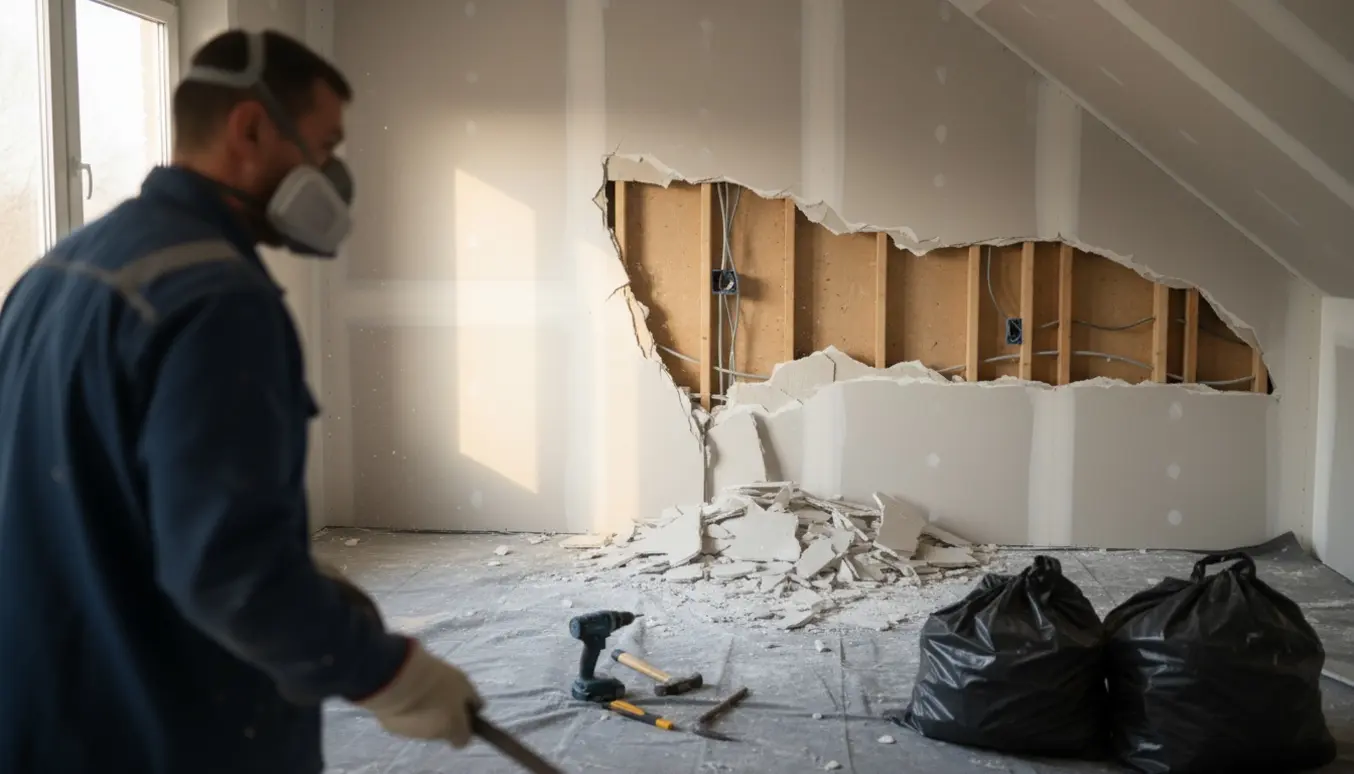 Delvist nedtaget dobbelt gipsvæg i et værelse med værktøj og affald klar til bortskaffelse.