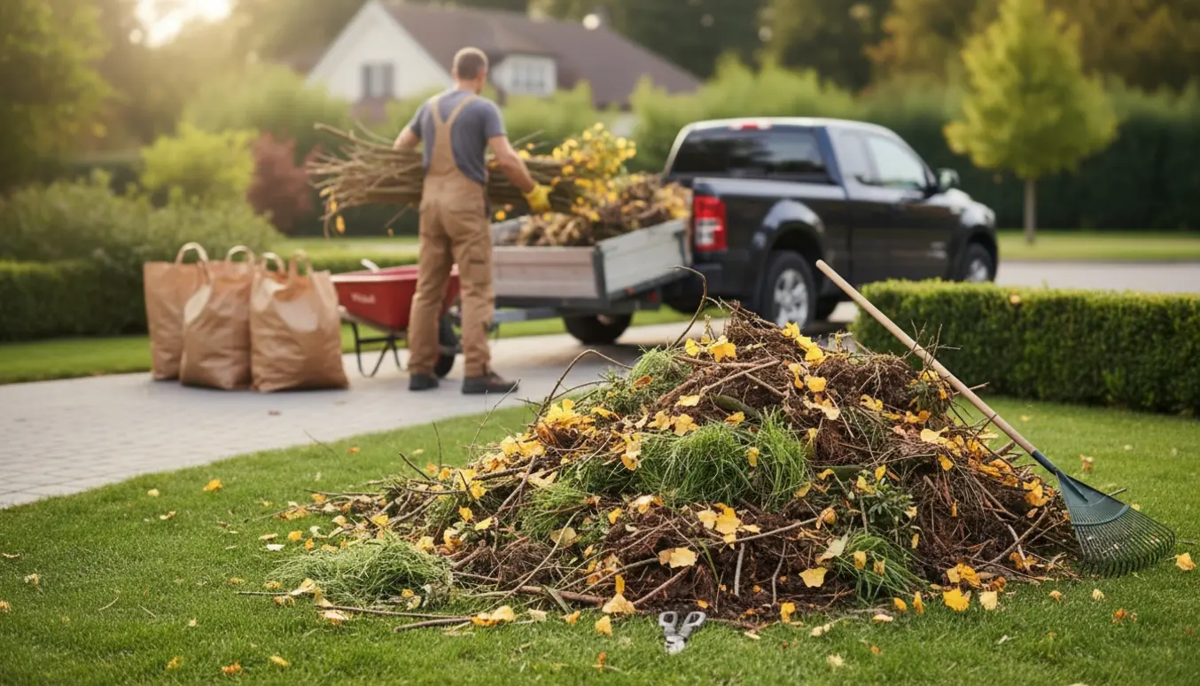 Haveaffaldsbunke på en lille forhøjning ved en villahave, klar til afhentning med trailer og værktøj ved siden af.