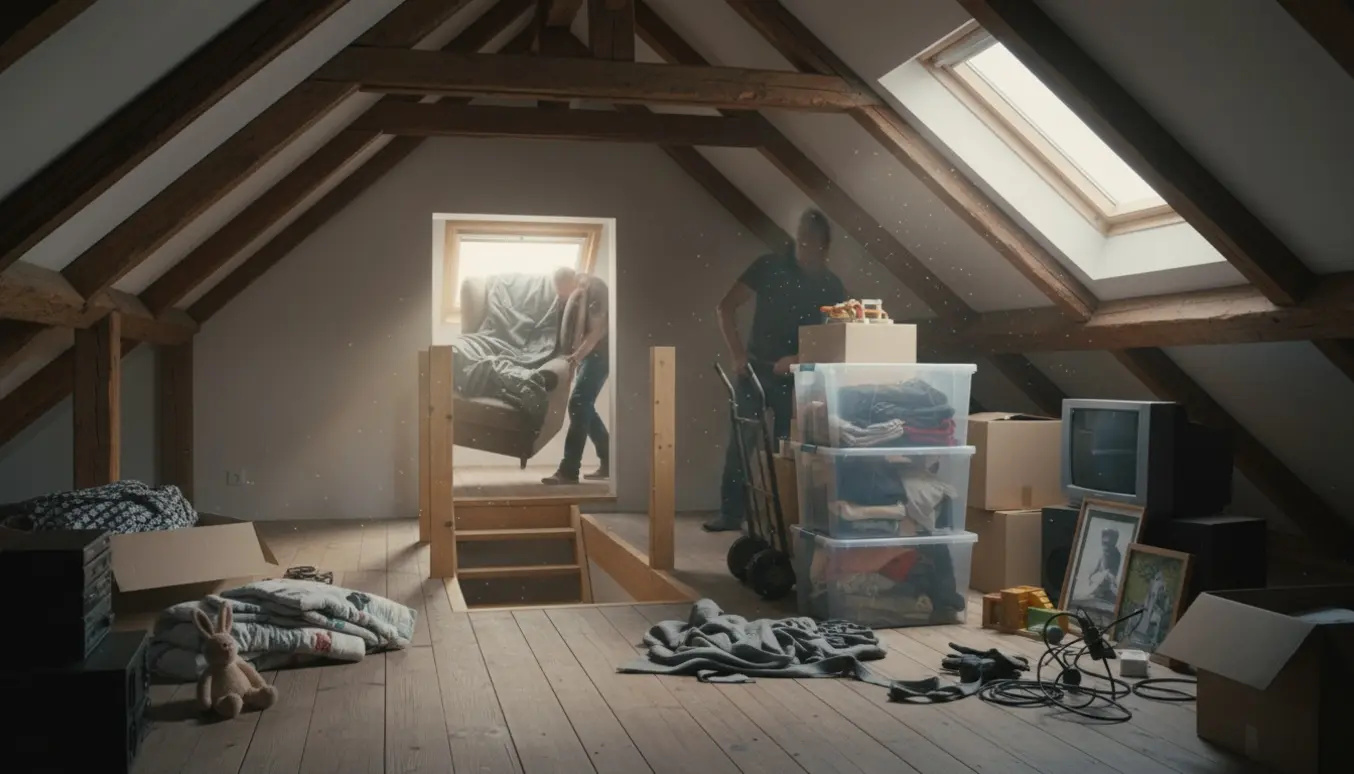 To personer bærer møbler og flyttekasser gennem en smal loftlem og ned ad en trappe i et rodet loftrum.