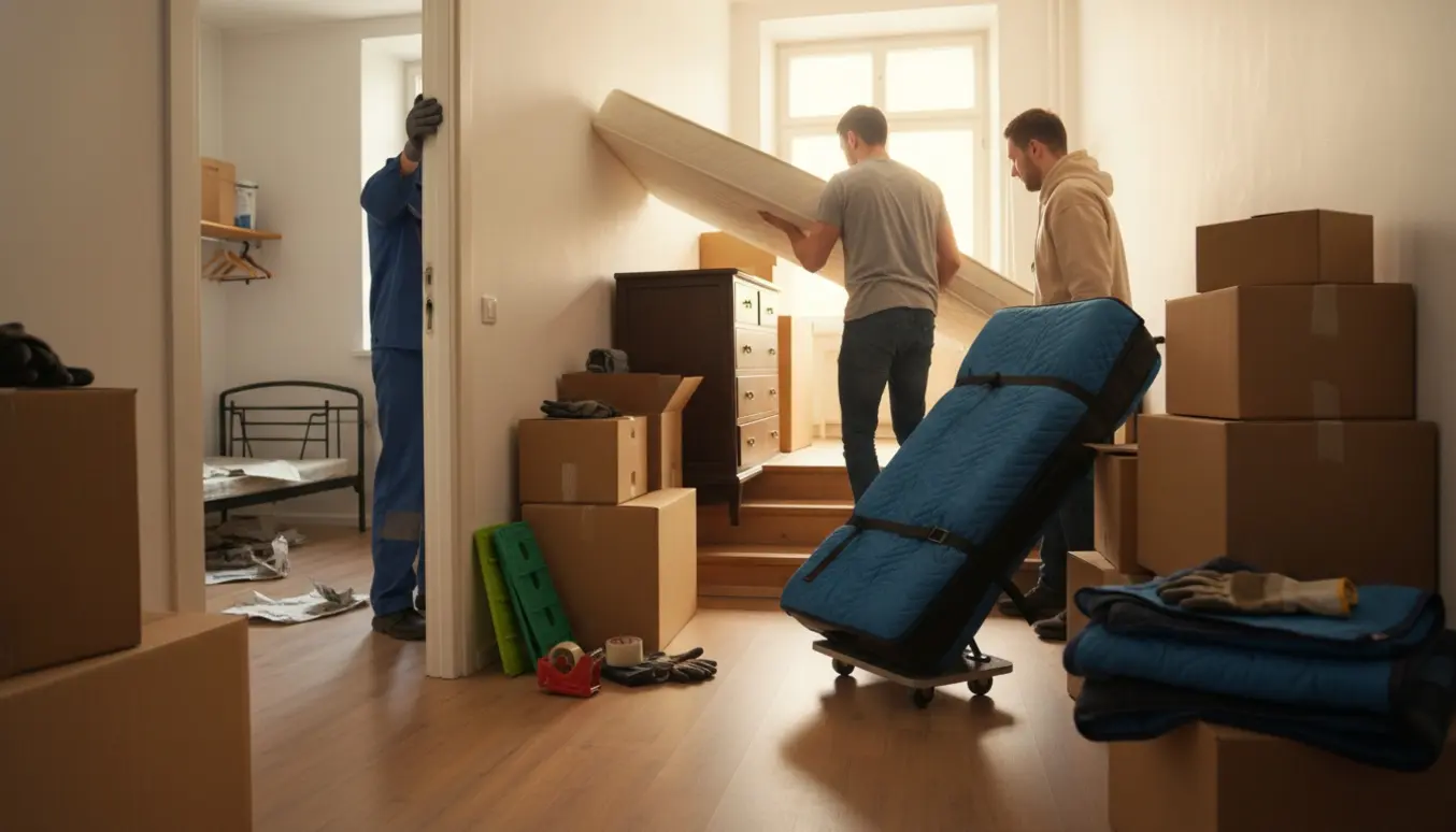 Tre personer flytter madras, kommode og et indpakket keyboard ud af et lille værelse omgivet af stabler af flyttekasser.