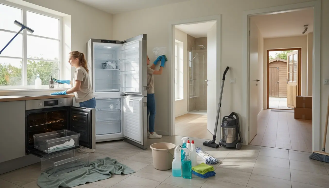 Hypp realistisk foto af slut-/flytterengøring i rækkehus med rengjorte hårde hvidevarer, vinduespudsning og afkalket badeværelse.