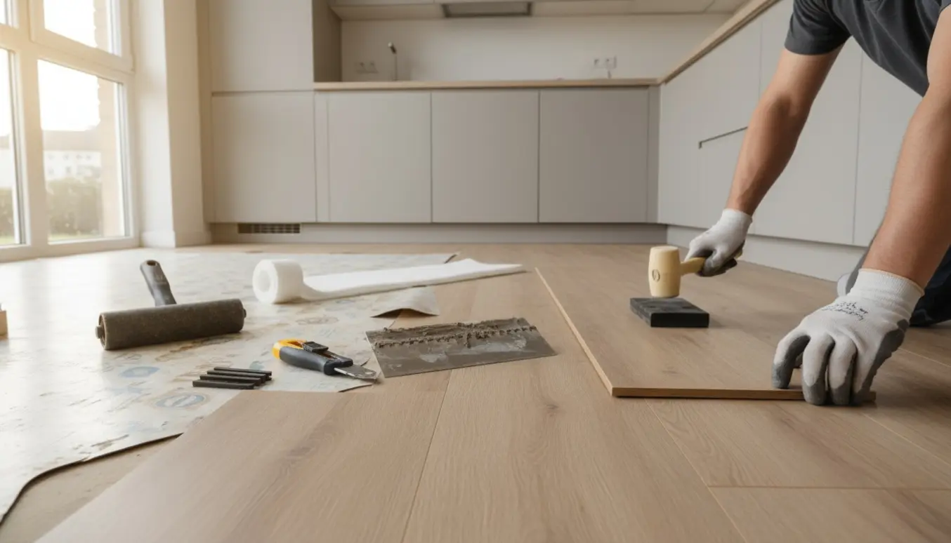 Lyst køkken med vinylgulv under lægning, planker og værktøj samt hænder uden synlige ansigter.