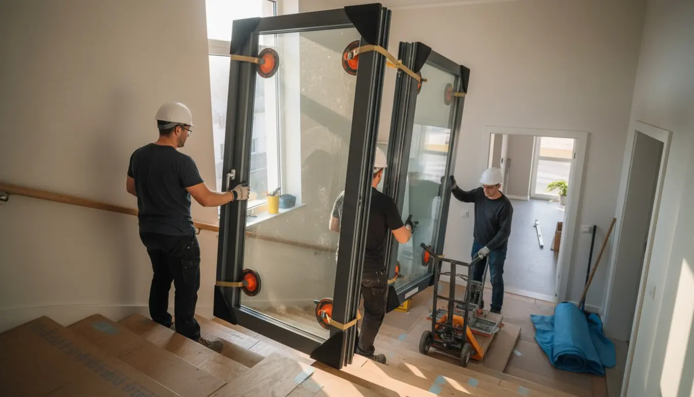 To håndværkere bærer store tredobbelte vinduer og en høj altandør op ad en trappe, ansigter ikke synlige.