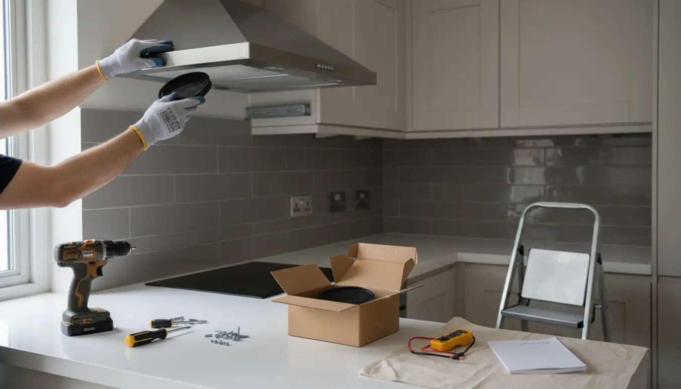 Installation af emhætte med kulfilter i et lejlighedskøkken med handsker og værktøj på plads.