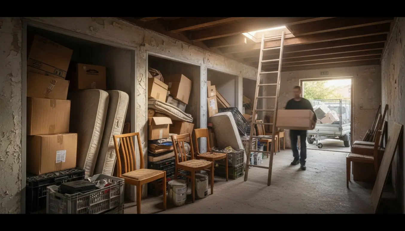 Gittertrailer ved bygning mens kasser, madrasser og malerbøtter bæres ud fra fælles lofts- og kælderrum mod genbrugsstationen.