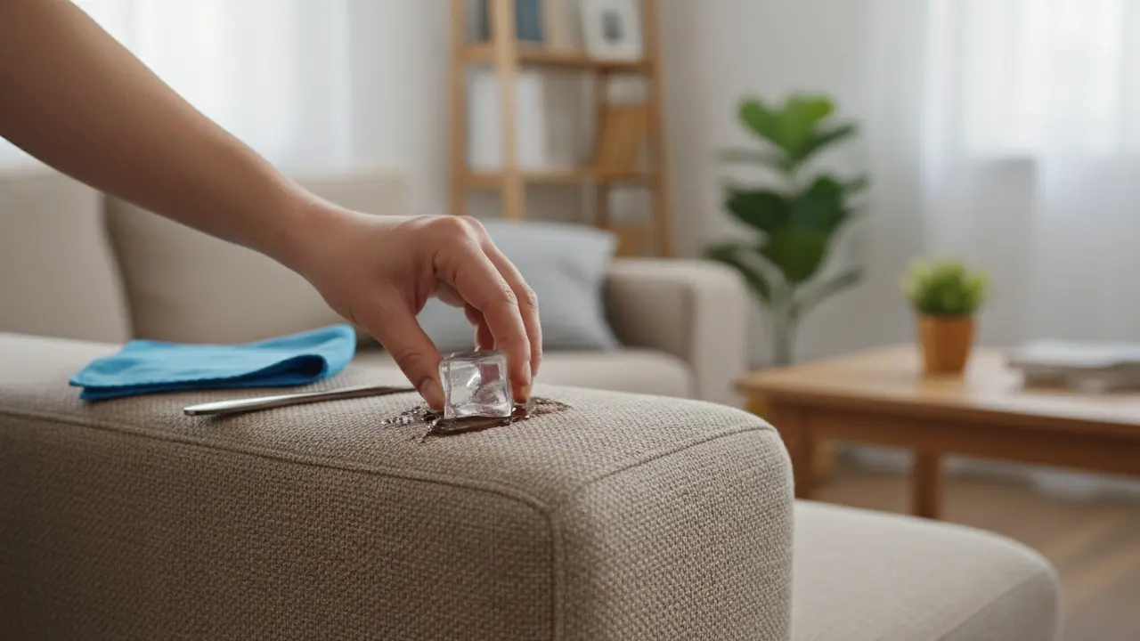 Hånd holder en isterning mod chokoladeplet på en sofa med kniv og klud ved siden af