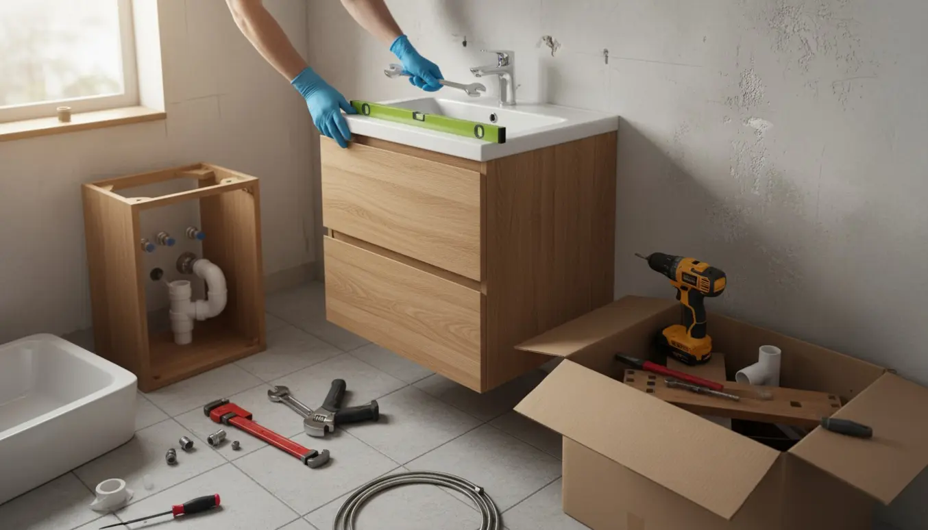 Ny vask og badeværelsesmøbel midt i montering, hænder centrerer skabet og tilslutter armaturet foran en ujævn væg.