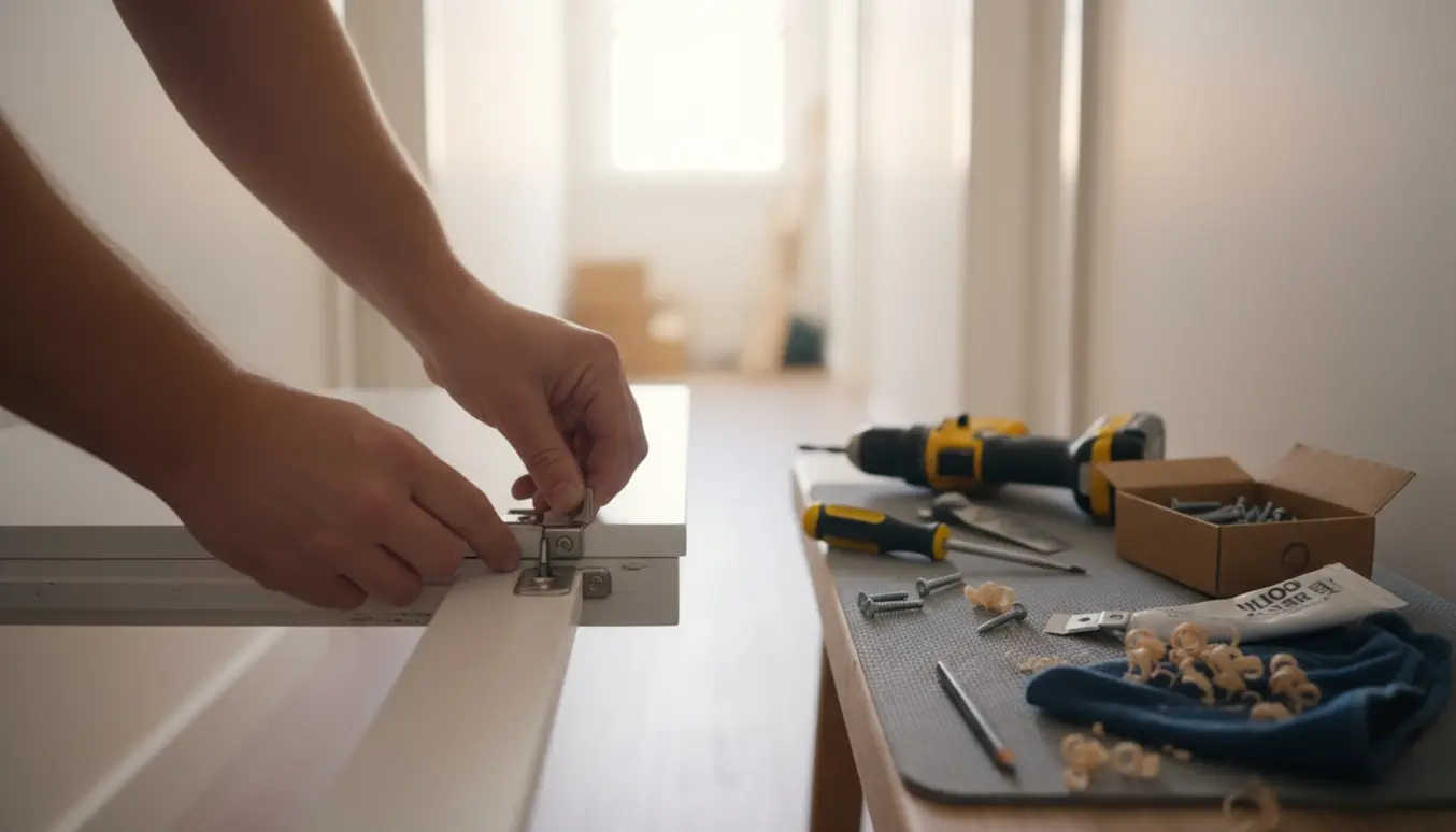 Nærbillede af hænder, der monterer nye hængsler på en skabsdør i en lys gang.