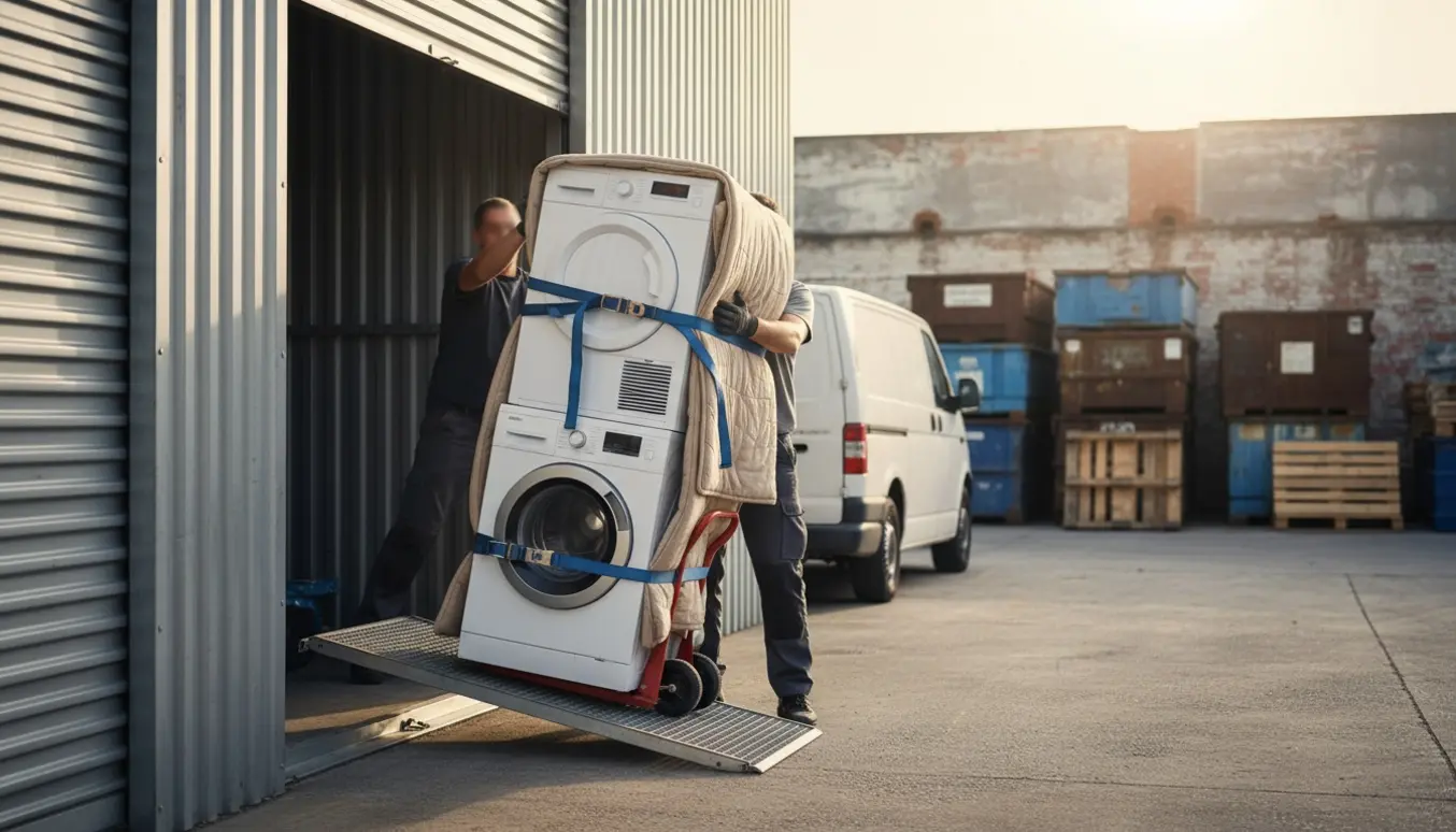 Vaskemaskine og tørretumbler på tralle flyttes fra et selfstorage-modul ind i en flyttevogn ved en genbrugsplads.