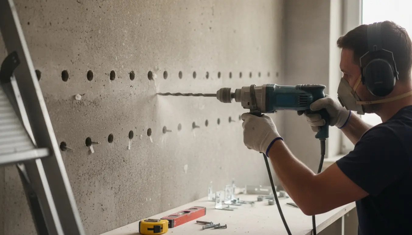 En person borer huller i en hård betonvæg med et stort slagbor, række af indsatte rawlplugs og en stige i baggrunden.