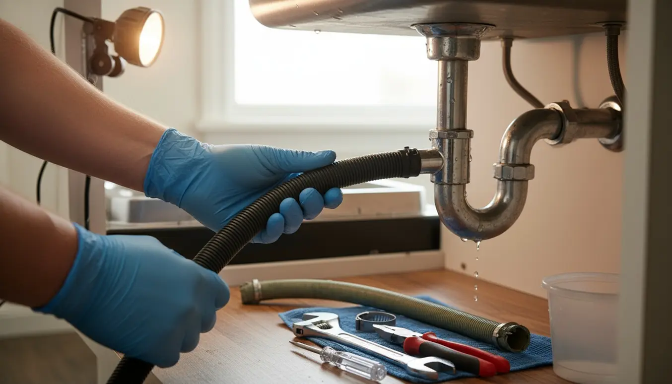 Nærbillede af hænder, der udskifter afløbsslange til opvaskemaskine under køkkenvask med værktøj og klemme.