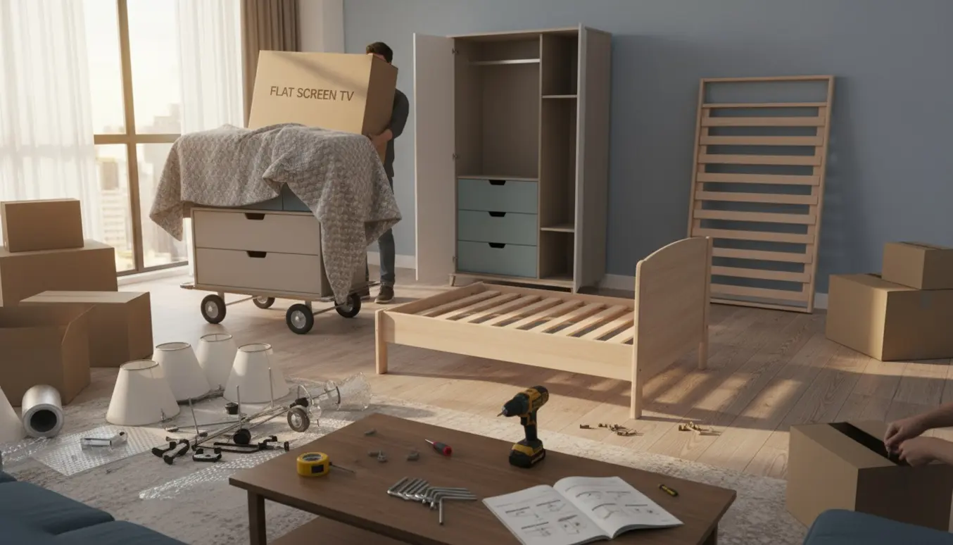 Delvist samlet børneseng og åbent klædeskab i en stue med flyttekasser, værktøj og afdækkede møbler.