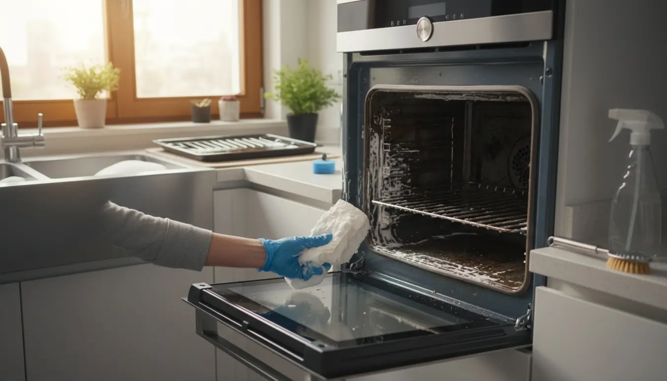 Hænder i gummihandsker rengør en åben ovn med svamp og børste i et lyst køkken.