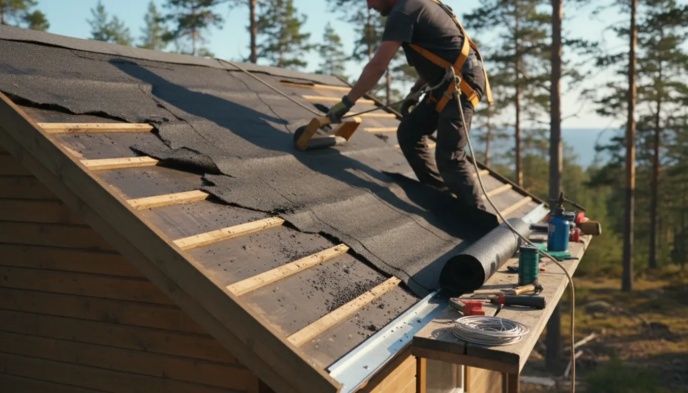 Udskiftning af tagpap på et lille sommerhus, nyt tagpap rullet ud og med arbejdshænder i handsker der glatter materialet.