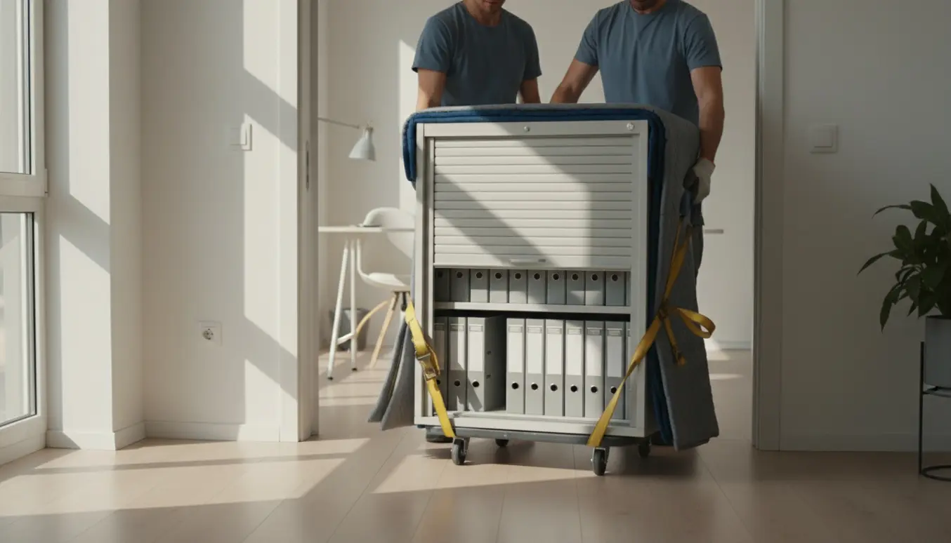 Et jalousiskab dækket af flyttetæpper på en tralle bæres ind i et lyst kontor.