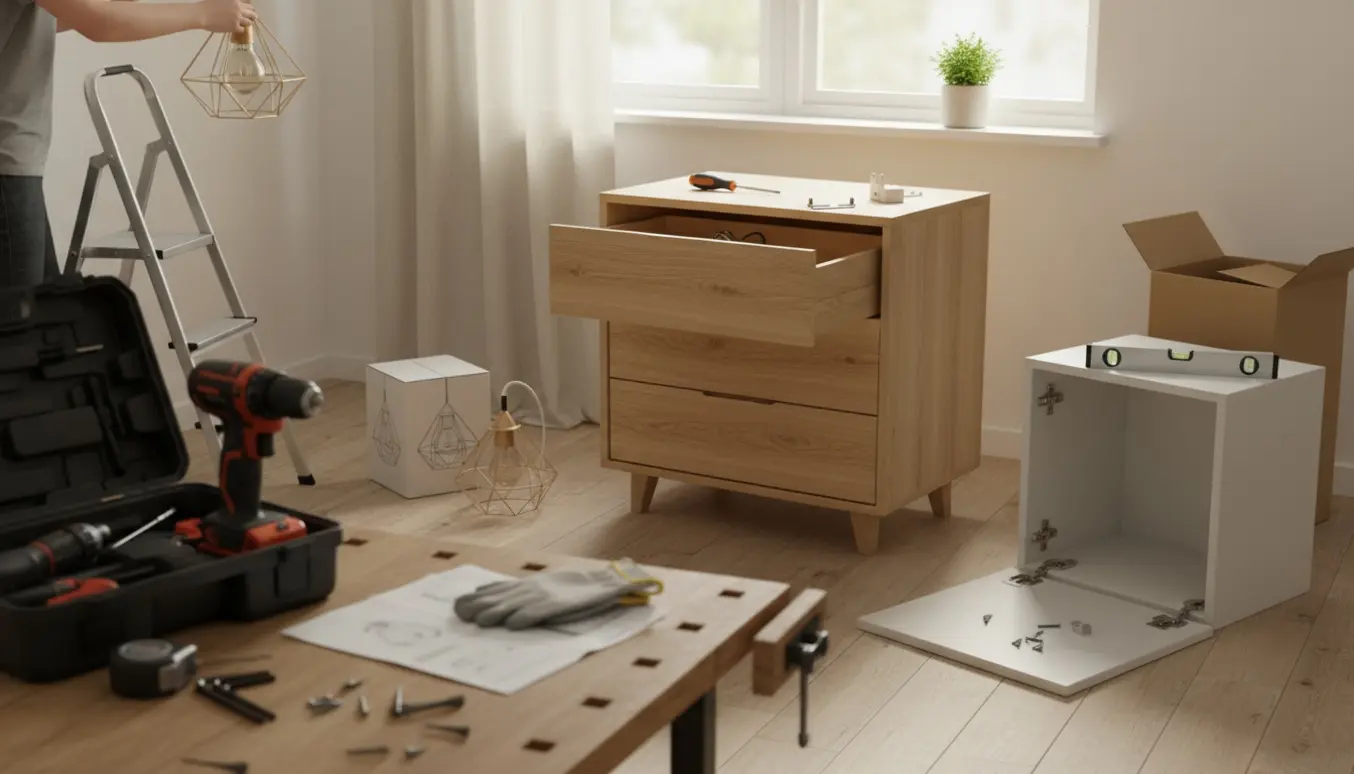 Halvfærdigt monteringsscenarie med lamper, gardin, en delvis samlet kommode og et toiletskab samt værktøj i et lyst rum.