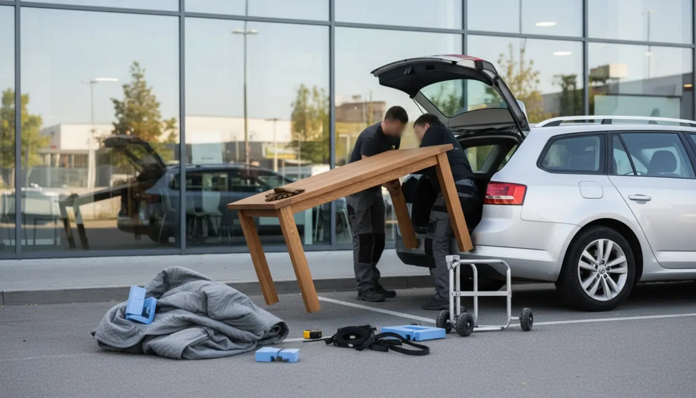 To personer løfter et samlet egetræs spisebord ind i bagagerummet på en bil uden at ansigter er tydelige.