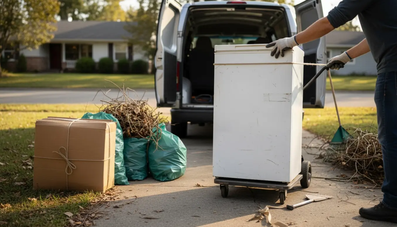 Afhentning af en fryser, stabler pap og haveaffald ved fortovet med en varevogn, set uden synlige ansigter.