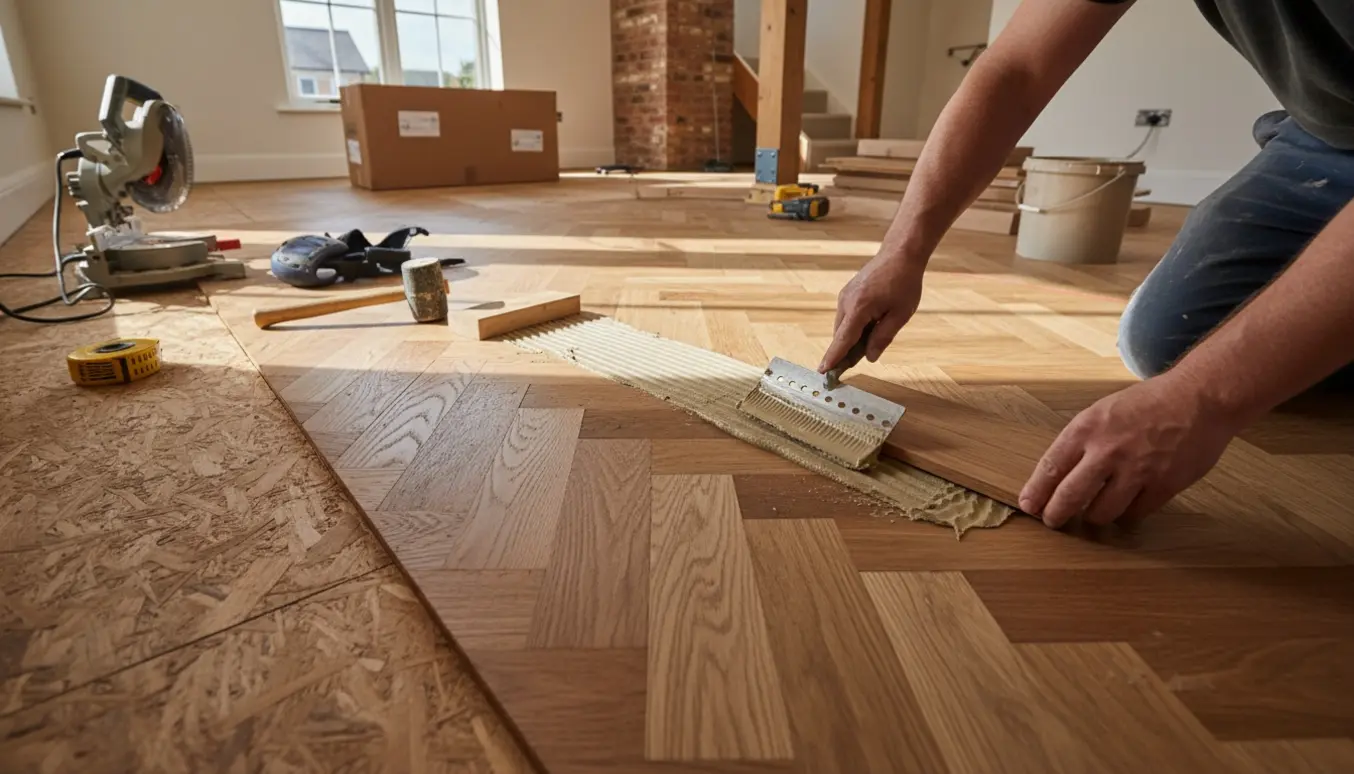 Delvist lagt massiv sildebensparket i eg på nylagt gulvspån med værktøj og naturligt lys.