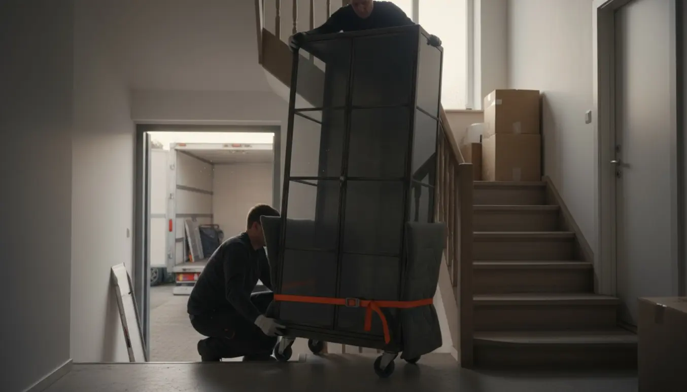 Et tungt jernvitrineskab bæres på dolly ned ad en trappe af to personer med flyttetæpper og stropper.