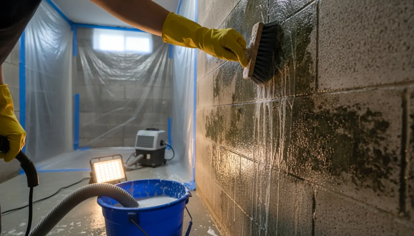 Hænder i handsker skrubber skimmelsvamp af en betonvæg i en kælder med afspærringsfolie og affugter i baggrunden.