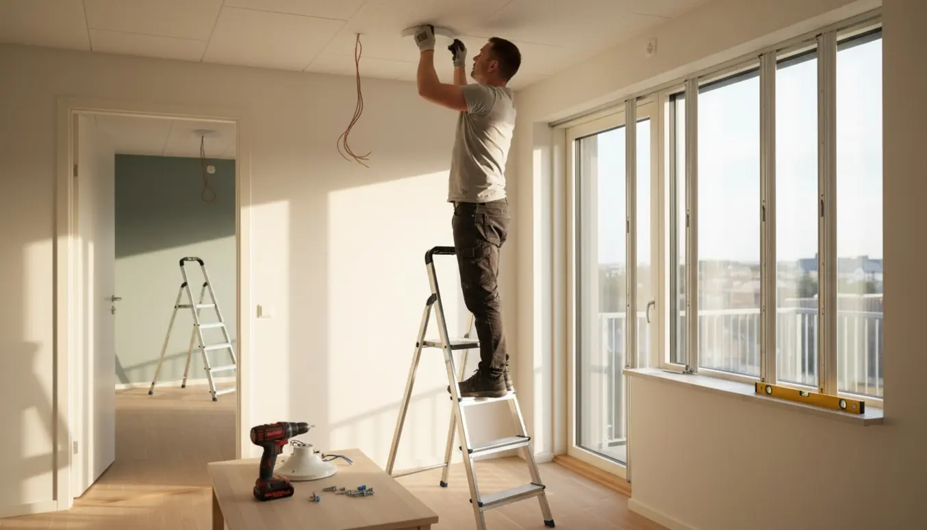 Montør på stige monterer loftslampe i lys entré, mens to lamelgardiner sættes op ved et stort vindue.
