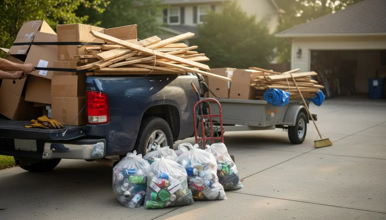 Pickup og trailer på indkørsel læsset med pap, træ og klare sække fyldt med usorteret affald.