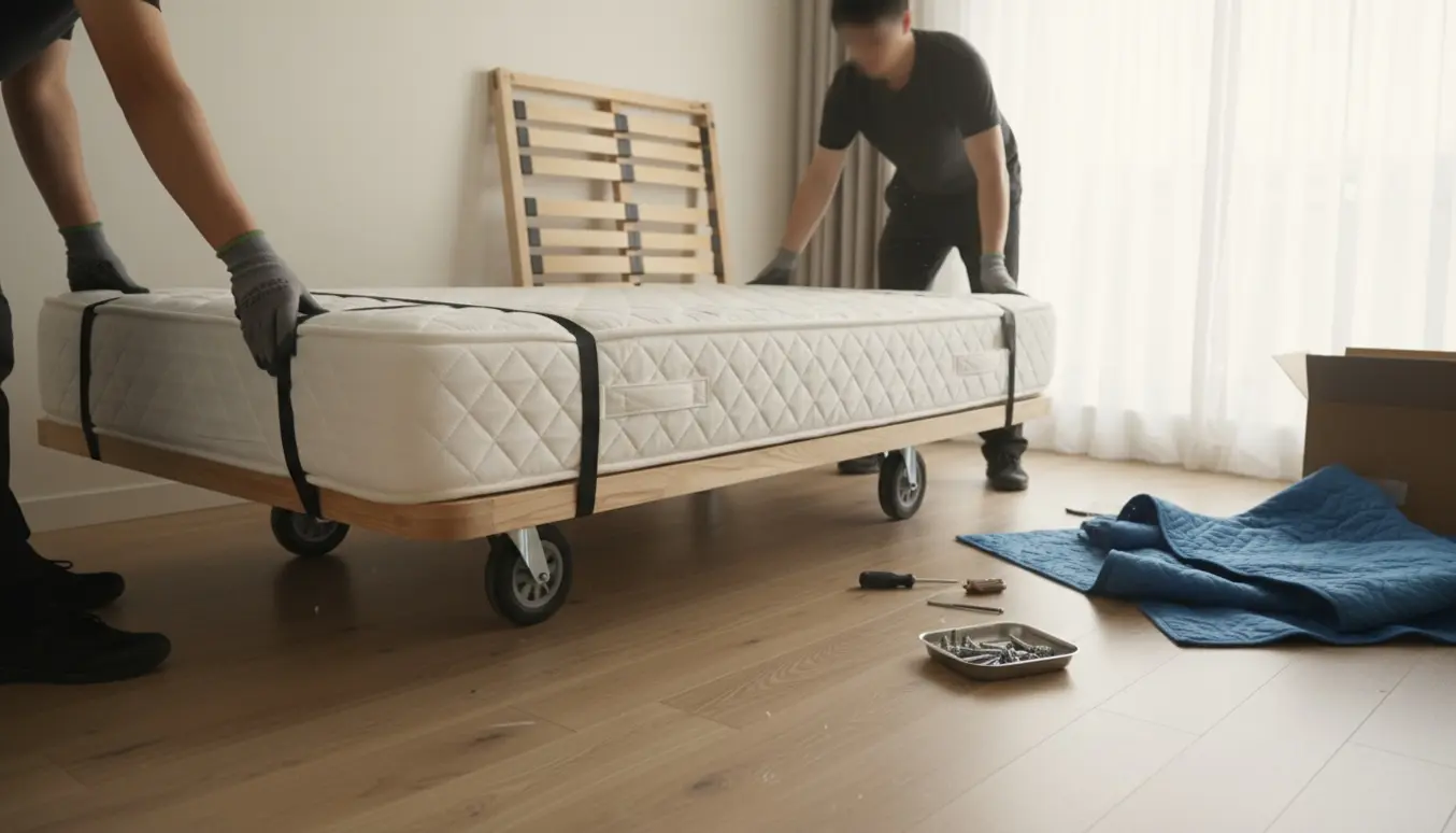To personer bærer en 140 cm bred madras ud af et lyst soveværelse med nedmonteret sengeramme og flyttetæpper.