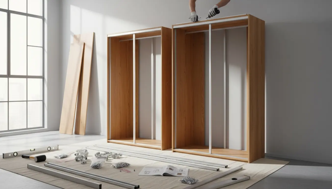 To PAX-garderobeskabe under samling i et lyst rum med værktøj og dele, uden tydelige ansigter.