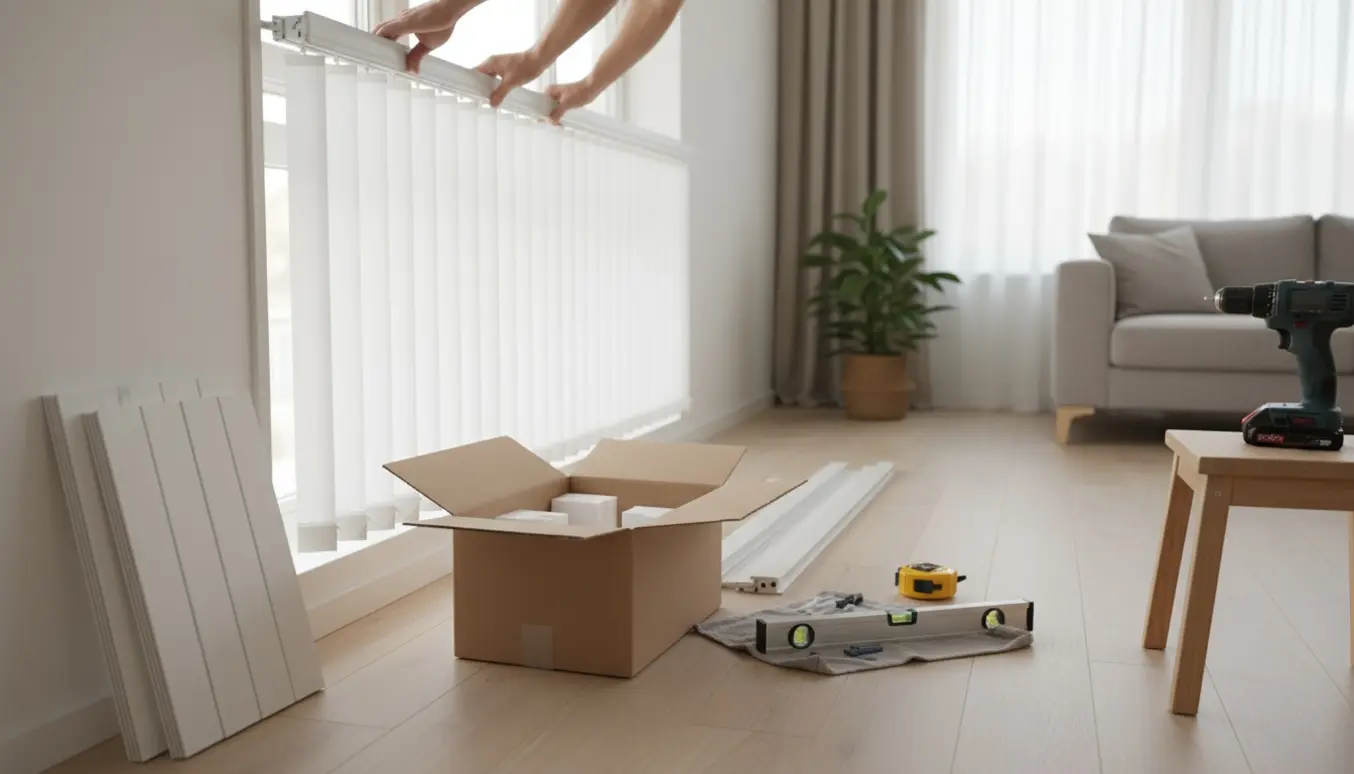 Installation af lammelgardin ved et vindue med værktøj og uåbnet emballage i et lyst, skandinavisk rum.