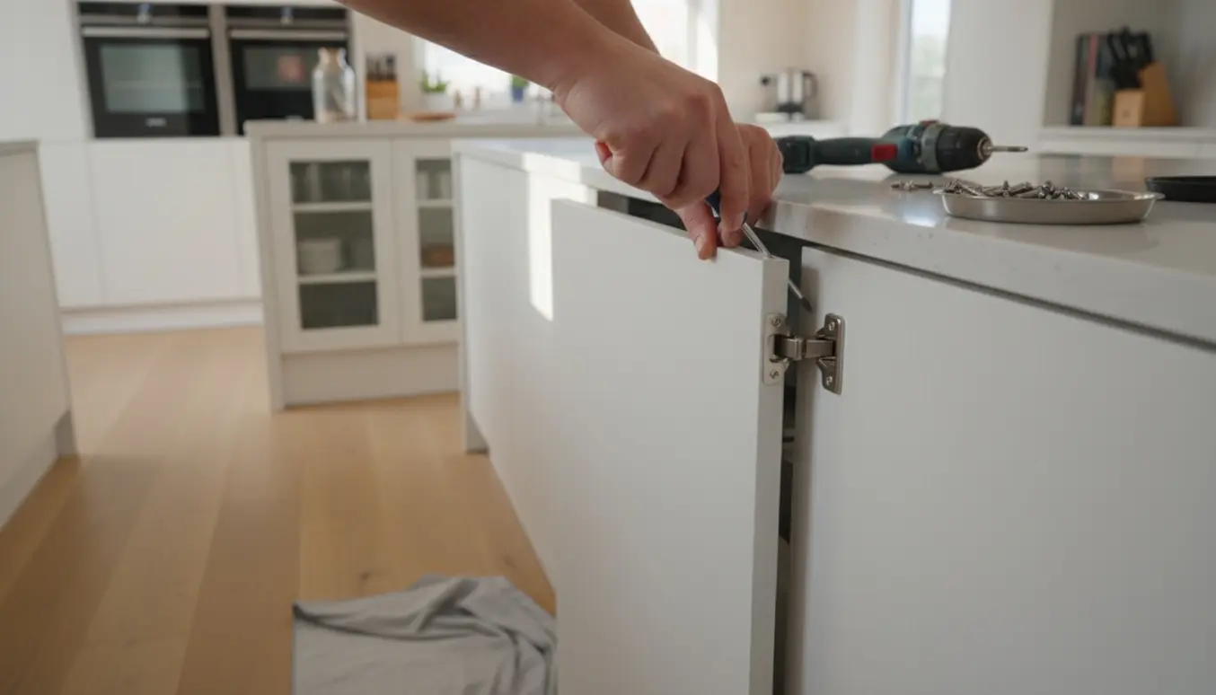 Hænder genmonterer en slab-køkkenlåge med skruetrækker og hængsler i et lyst, moderne køkken.