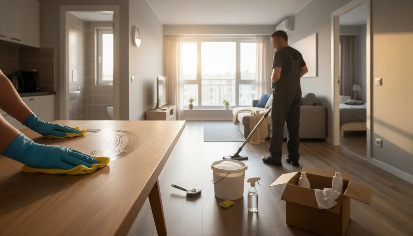 Hovedrengøring i lejlighed med handsker, moppe og en lille åben kasse med få rengøringsmidler.
