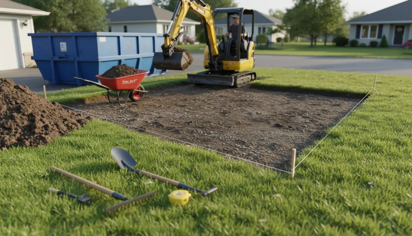 Delvist udgravet rektangulært område til parkeringsplads med gravemaskine, jordbunker og redskaber.