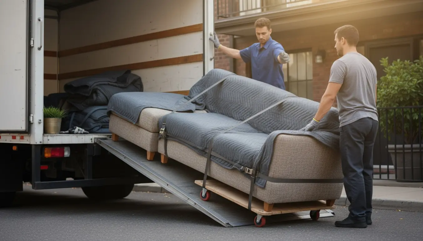 En chaiselong-sofa opdelt i to dele klar til afhentning og læsning i en varevogn.