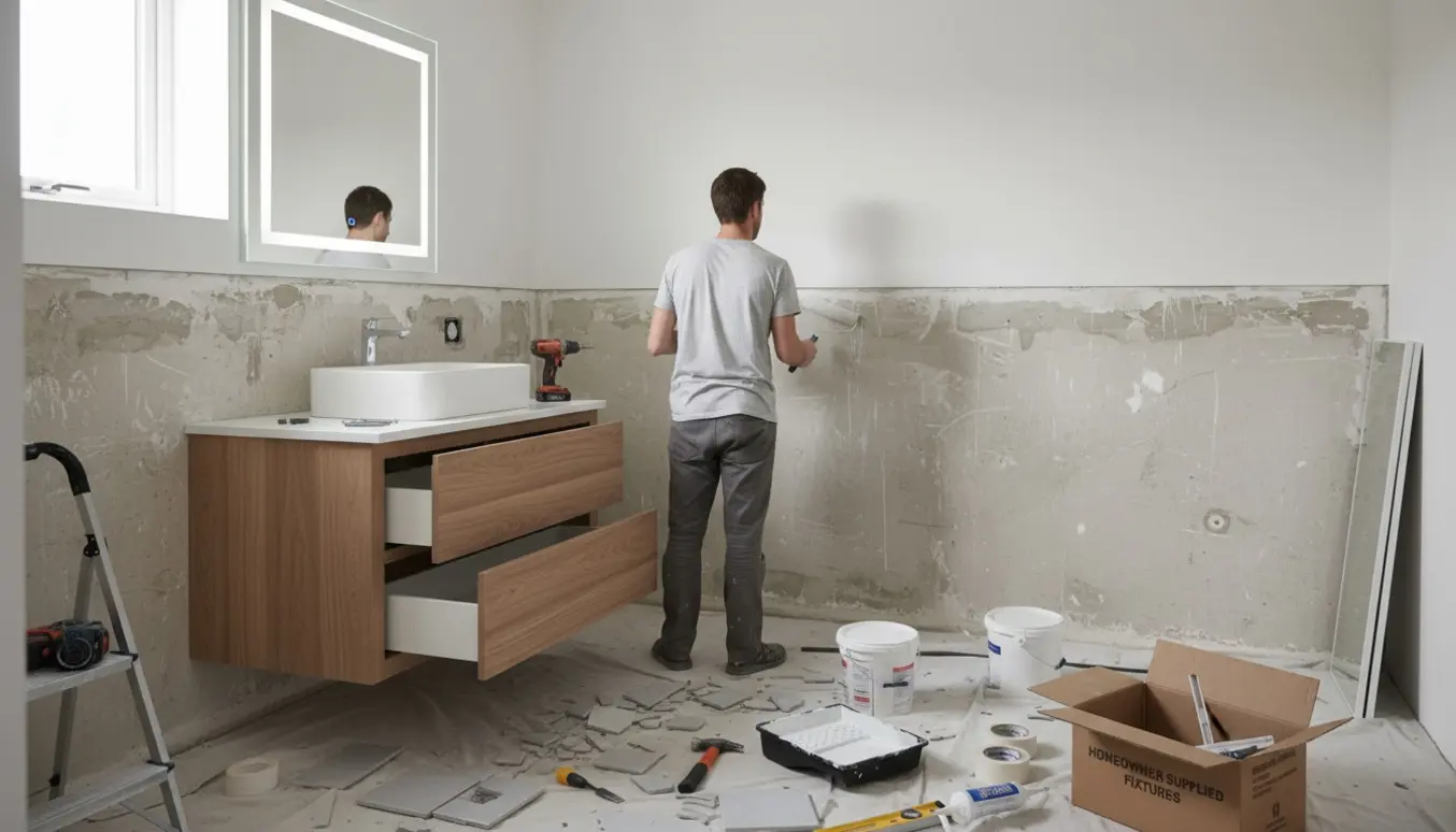 Gæstetoilet under renovering med fjernede fliser til midten af væggen, nyt underskab, spejl med lys og malergrej.