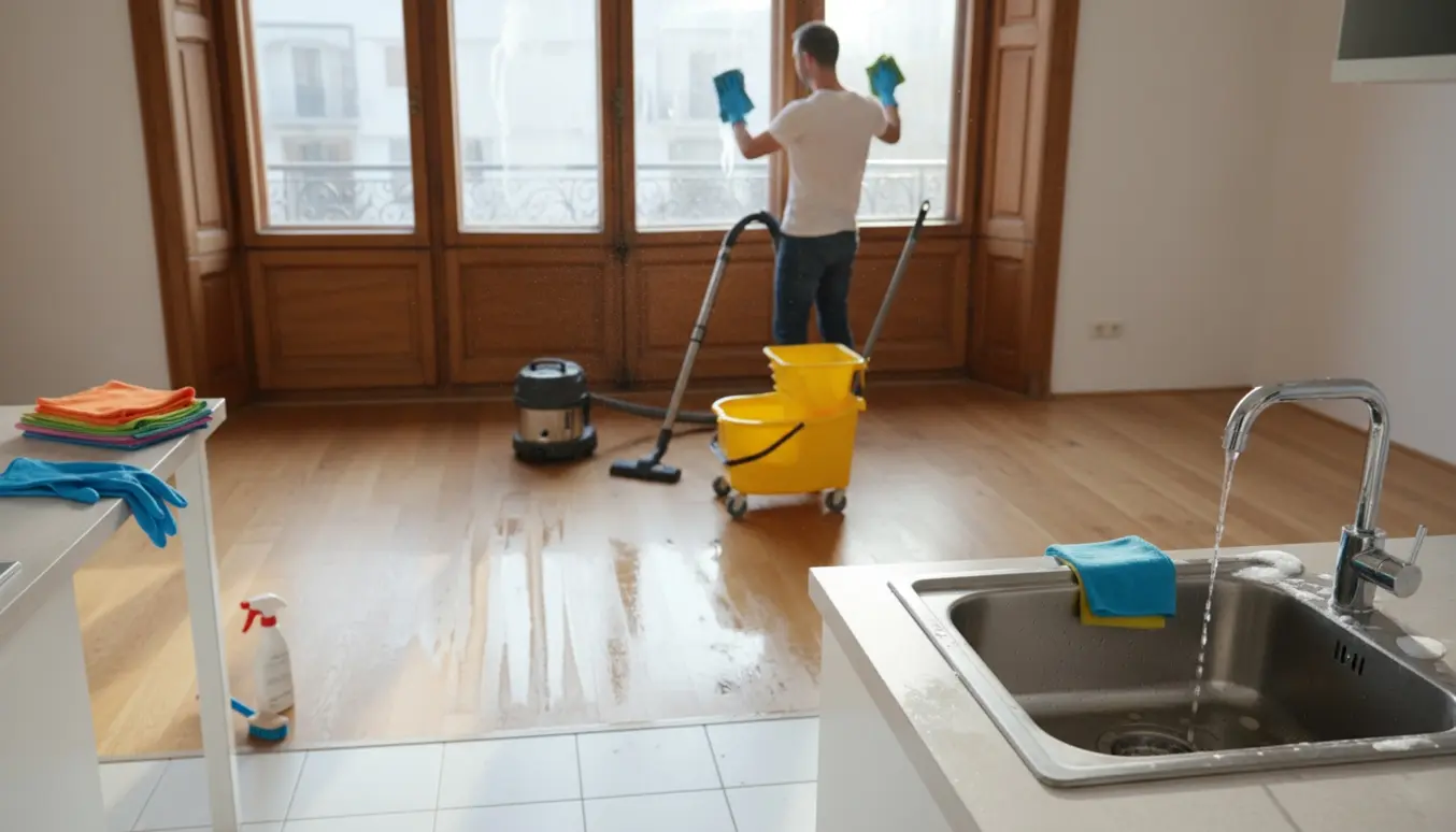 En lys flytterengøring i en tom lejlighed med handsker, moppe, støvsuger og skinnende vinduer.