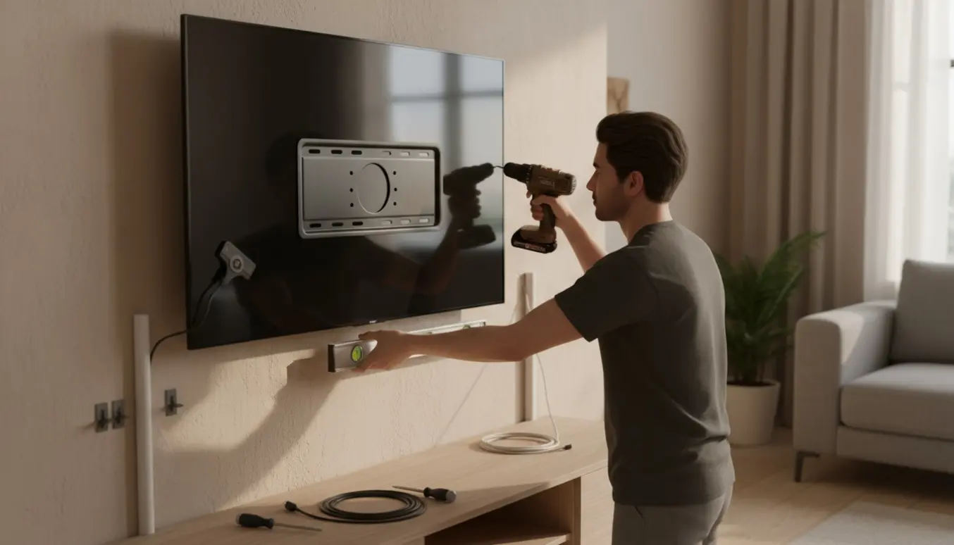 Hænder monterer et fladt TV på en væg med værktøj og kabler i et lyst, moderne opholdsrum.